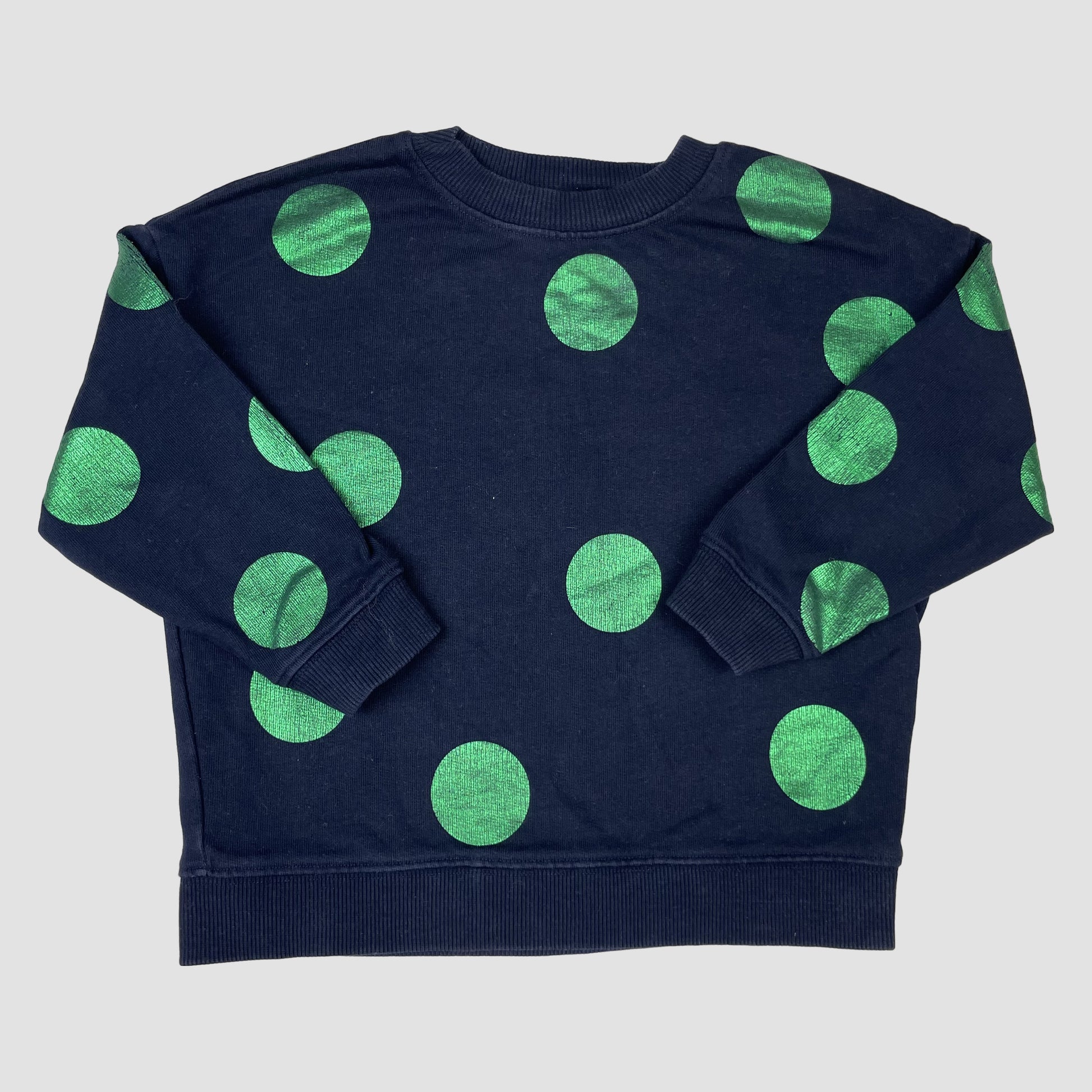 Dunkelblauer Kinder-Pullover mit grünen Punkten, Größe 98/104 – front