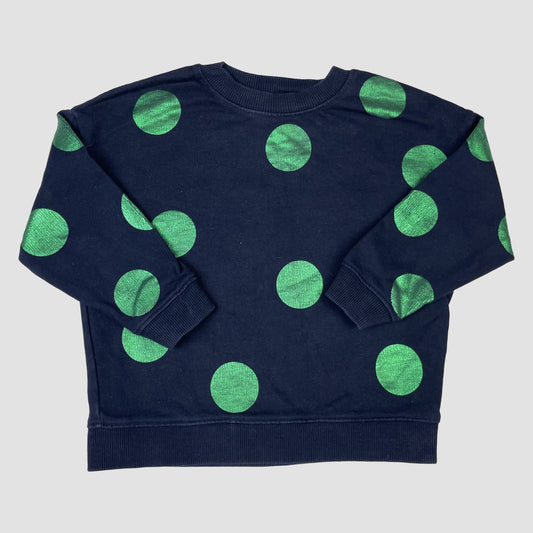 Dunkelblauer Kinder-Pullover mit grünen Punkten, Größe 98/104 – front