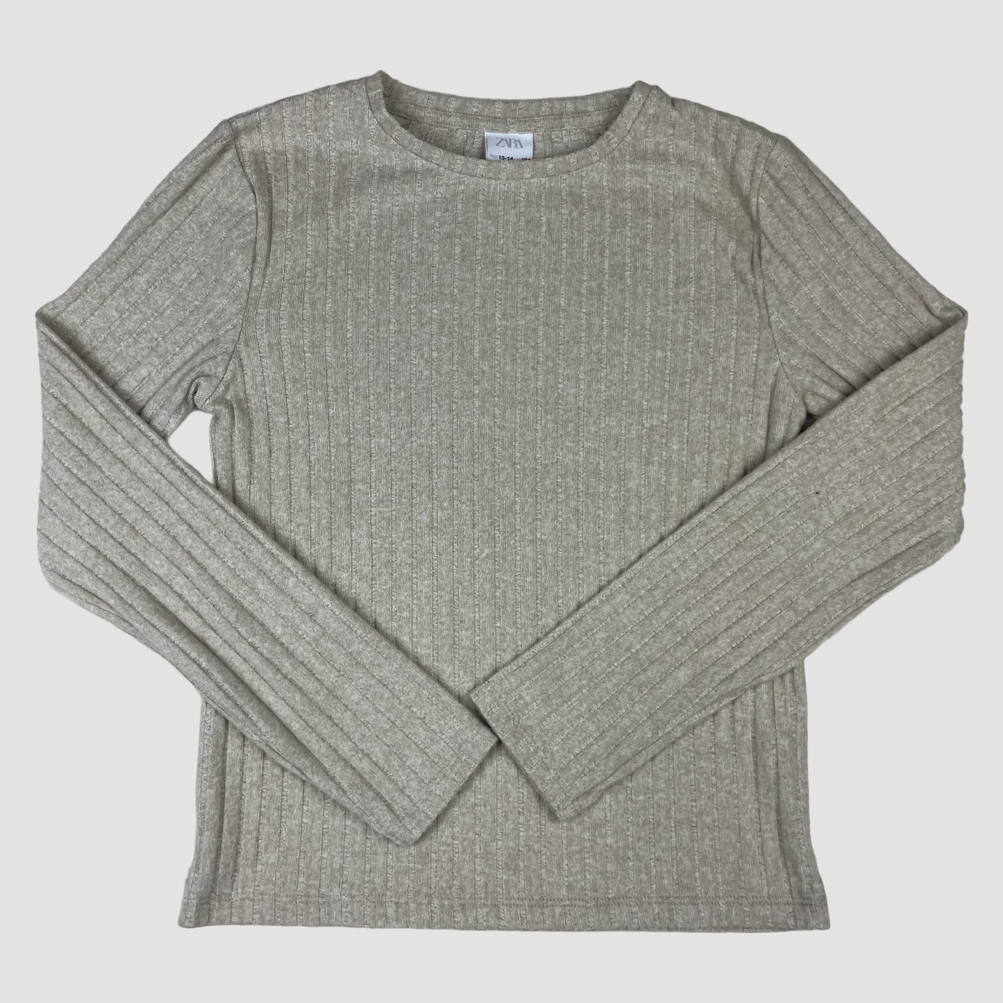 Beiger Zara Rippstrick-Pullover, Rundhalsausschnitt, lange Ärmel, Größe 164 (13–14 Jahre) – front