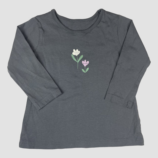 Dunkelgraues Langarmshirt von George mit Blumenprint, Größe 9–12 Monate – front