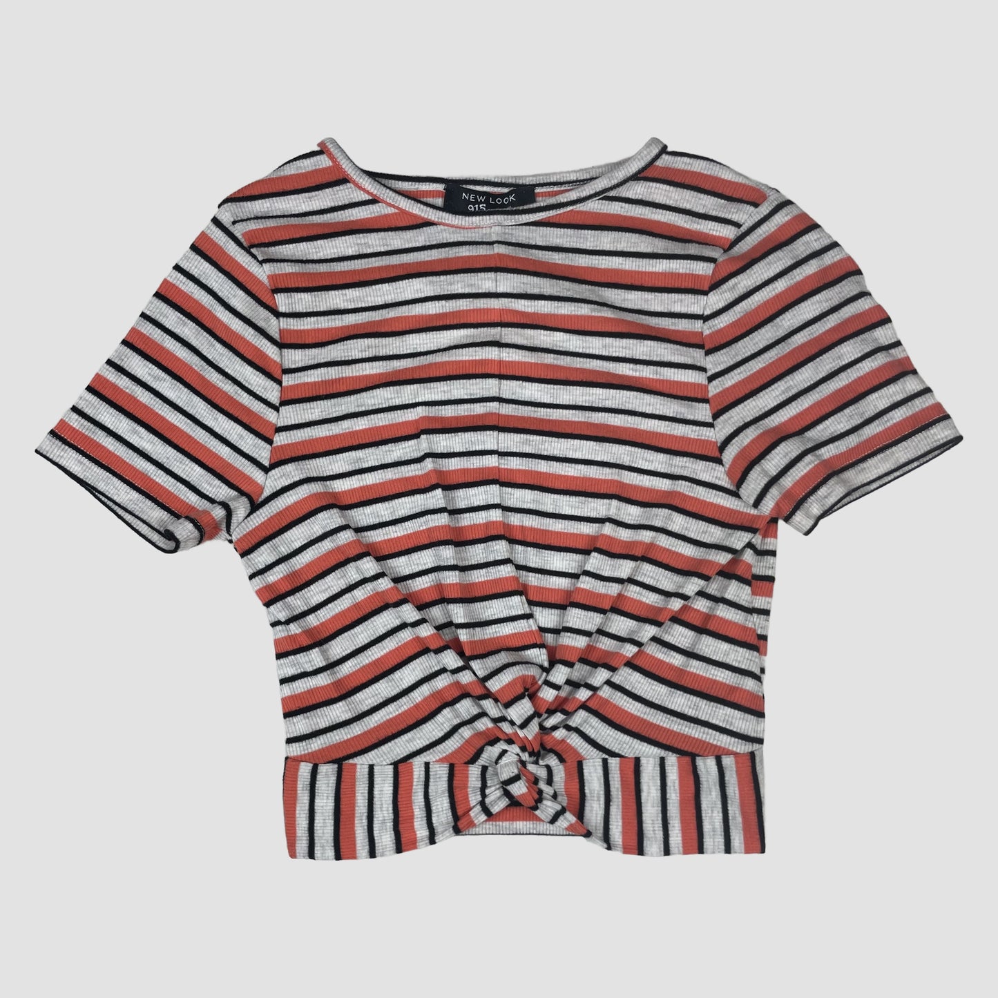 Gestreiftes New Look 915 Girls Ripp-T-Shirt mit Knotendetail, Größe 140/146 – front