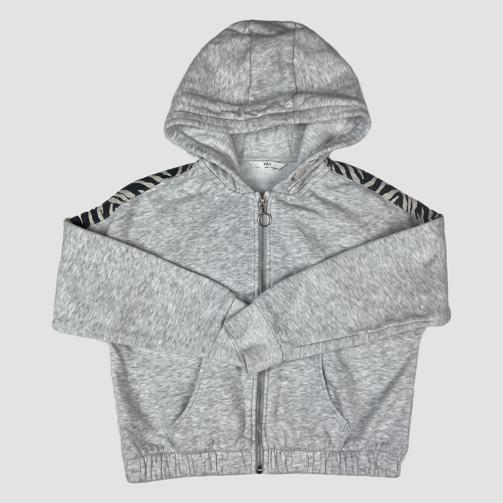 Graue Kapuzen-Sweatjacke von M&S mit Zebra-Details an den Schultern, Größe 8–9 Jahre. – front