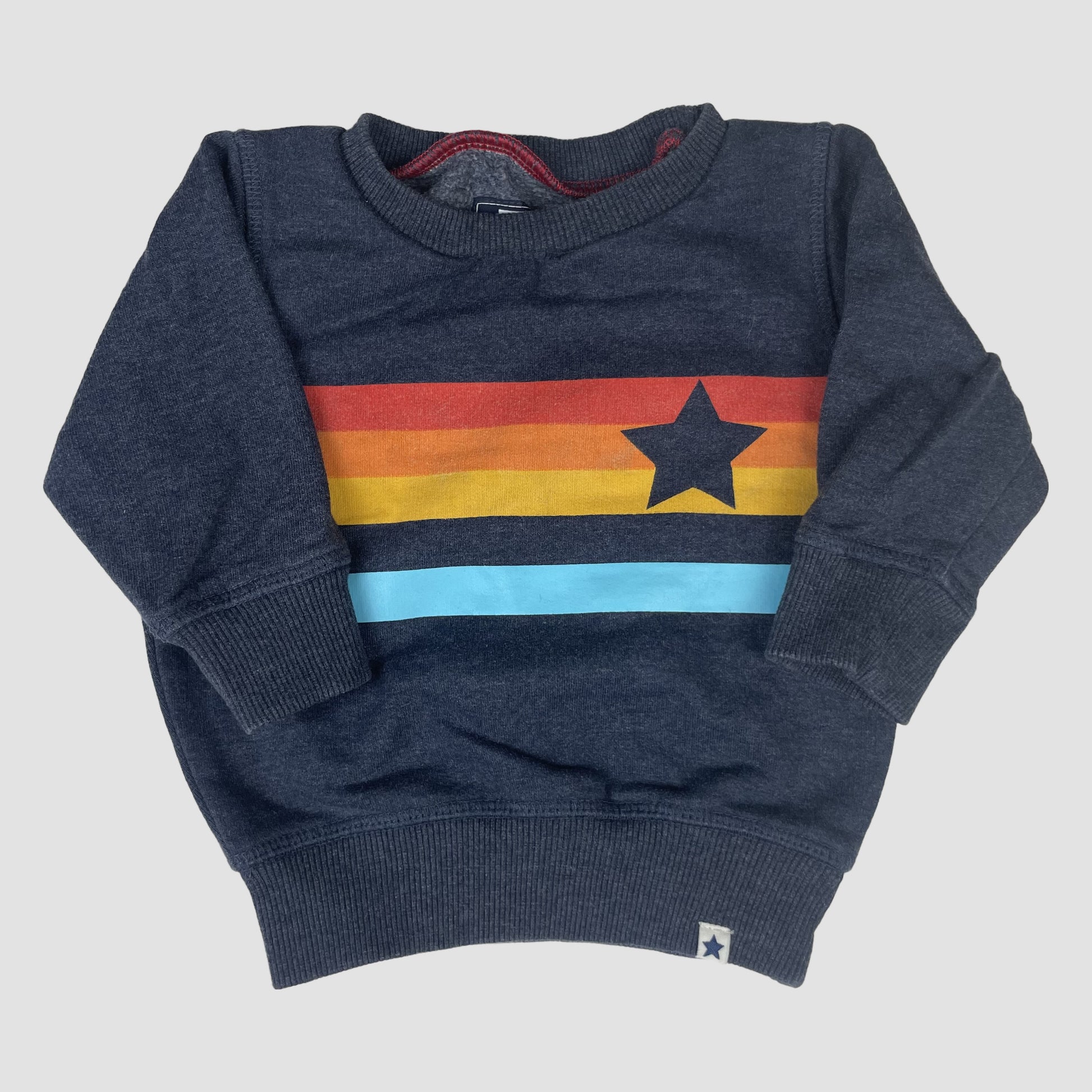 Dunkelgrauer Baby-Sweatshirt von Next mit bunten Streifen und Stern, Größe 3–6 Monate – front