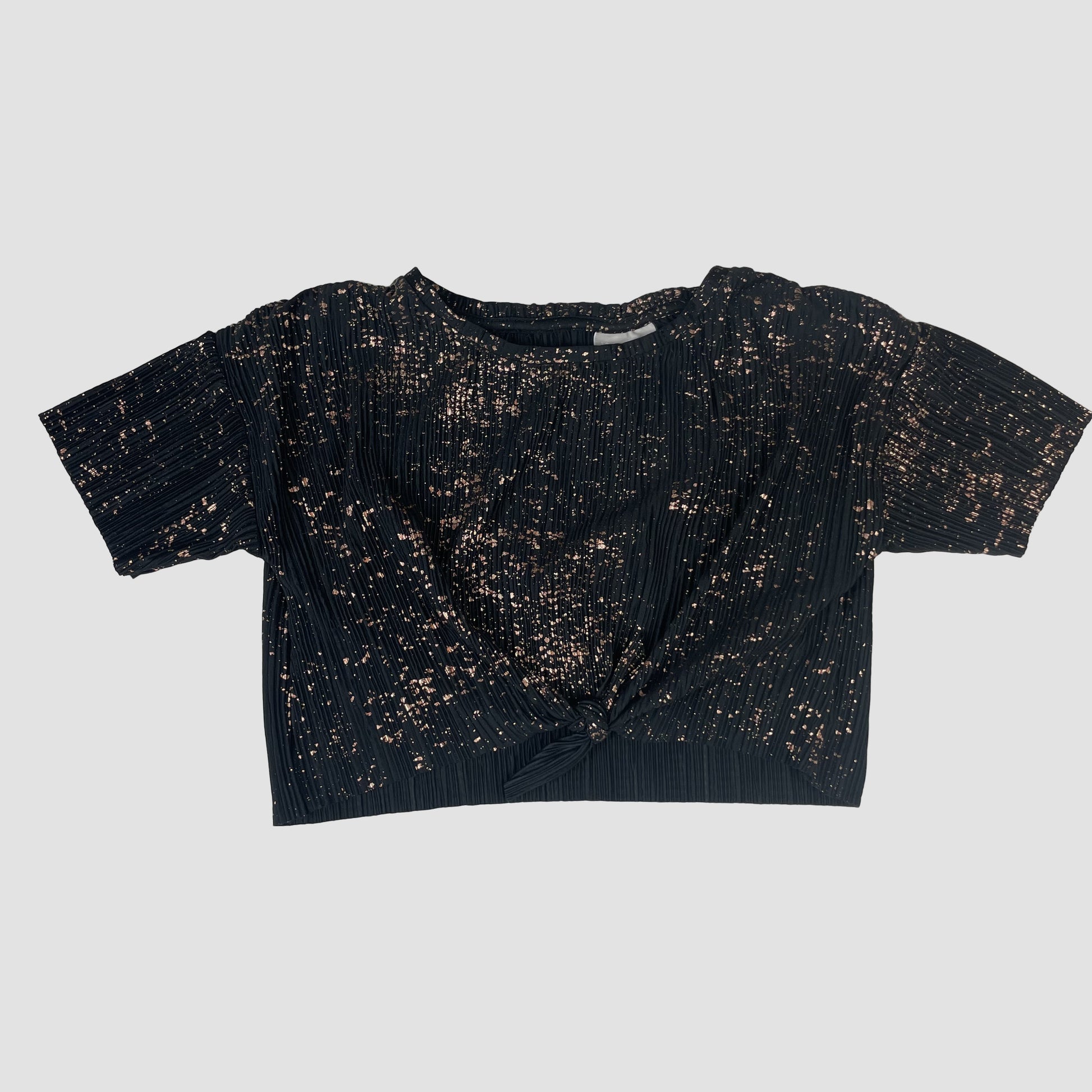 Schwarzes kurzärmeliges T-Shirt mit goldenen Sprenkeln und Knoten vorn, Größe 5 Jahre – front