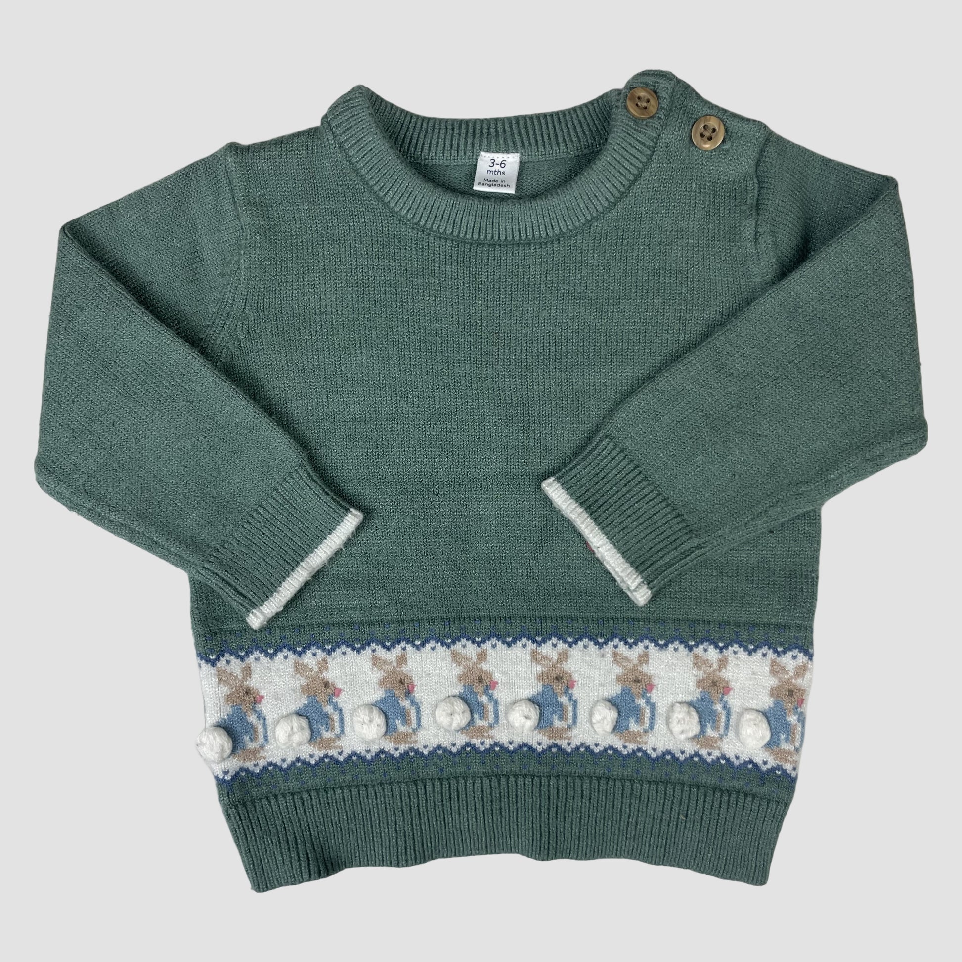 Grüner Baby-Pullover von M&S mit Peter-Rabbit-Motiv und Schulterknöpfen, Größe 3–6 Monate – front