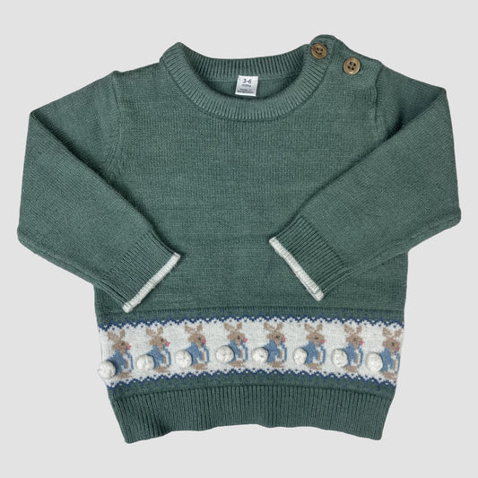 Grüner Baby-Pullover von M&S mit Peter-Rabbit-Motiv und Schulterknöpfen, Größe 3–6 Monate – front