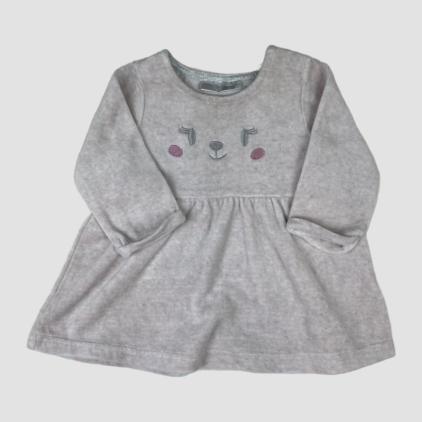 Rosa-graues Langarmkleid von Ergee mit gesticktem Tiergesicht, Größe 68