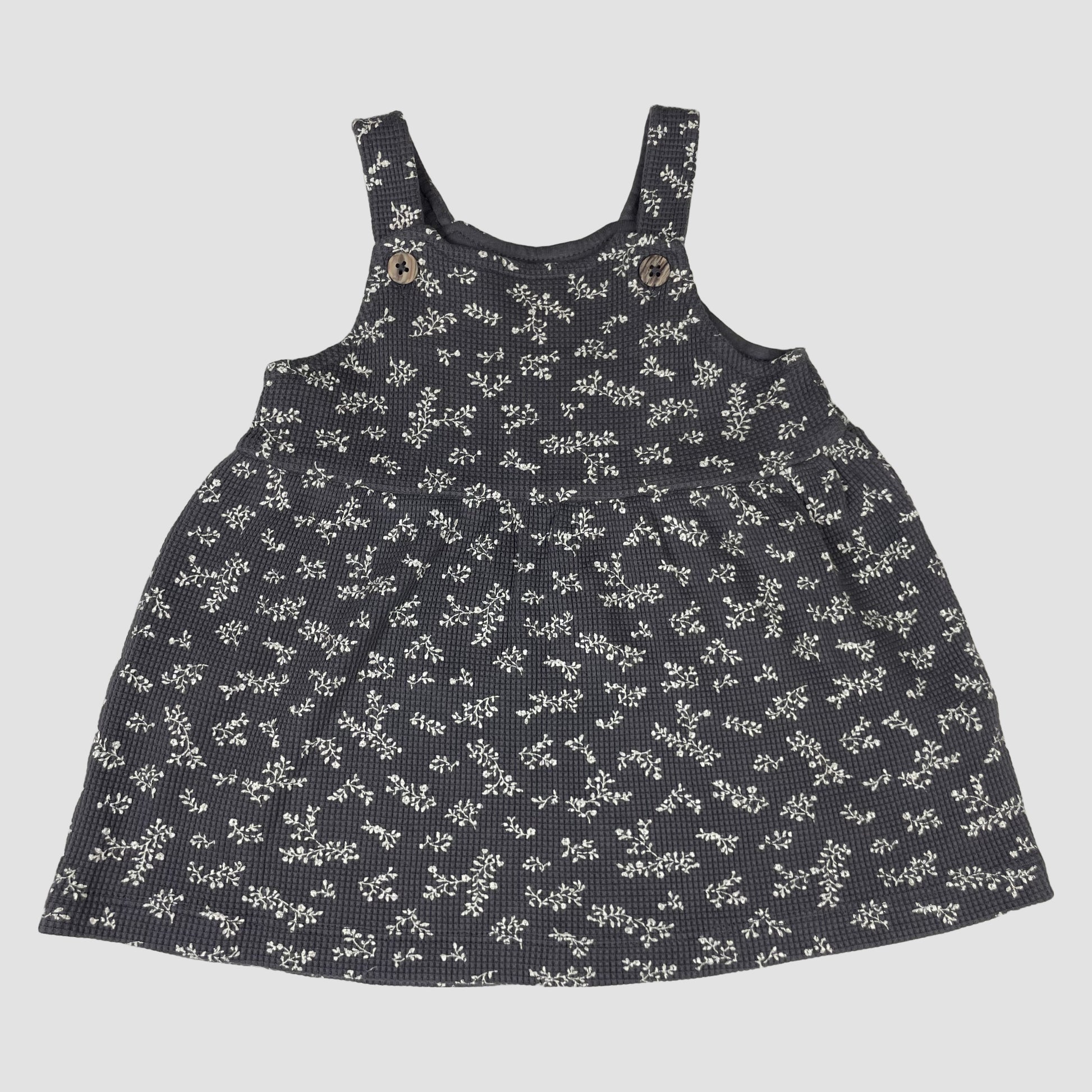 Graues Baby-Kleid von C&A mit weißem Blumenmuster und Trägern, Größe 68 – front