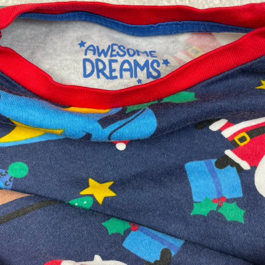 Dunkelblaues Schlafshirt mit Weihnachts- und Dino-Print, lange Ärmel, rote Bündchen, Größe 3–4 Jahre