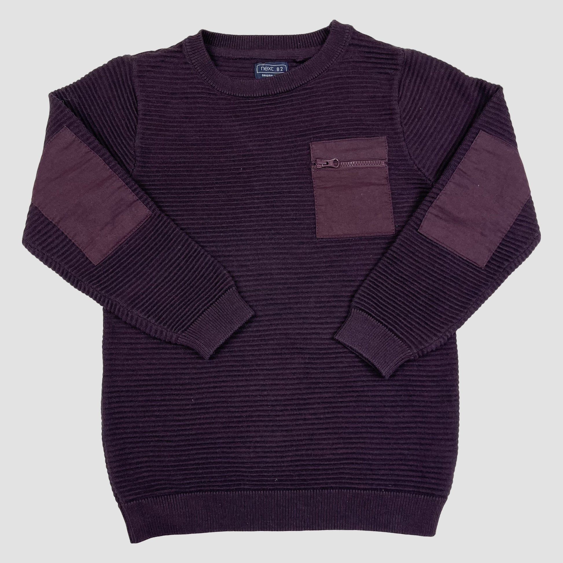 Dunkellila Kinder-Strickpullover von Next mit Rippstruktur, Brusttasche mit Reißverschluss und Ellbogenpatches, Größe 116
