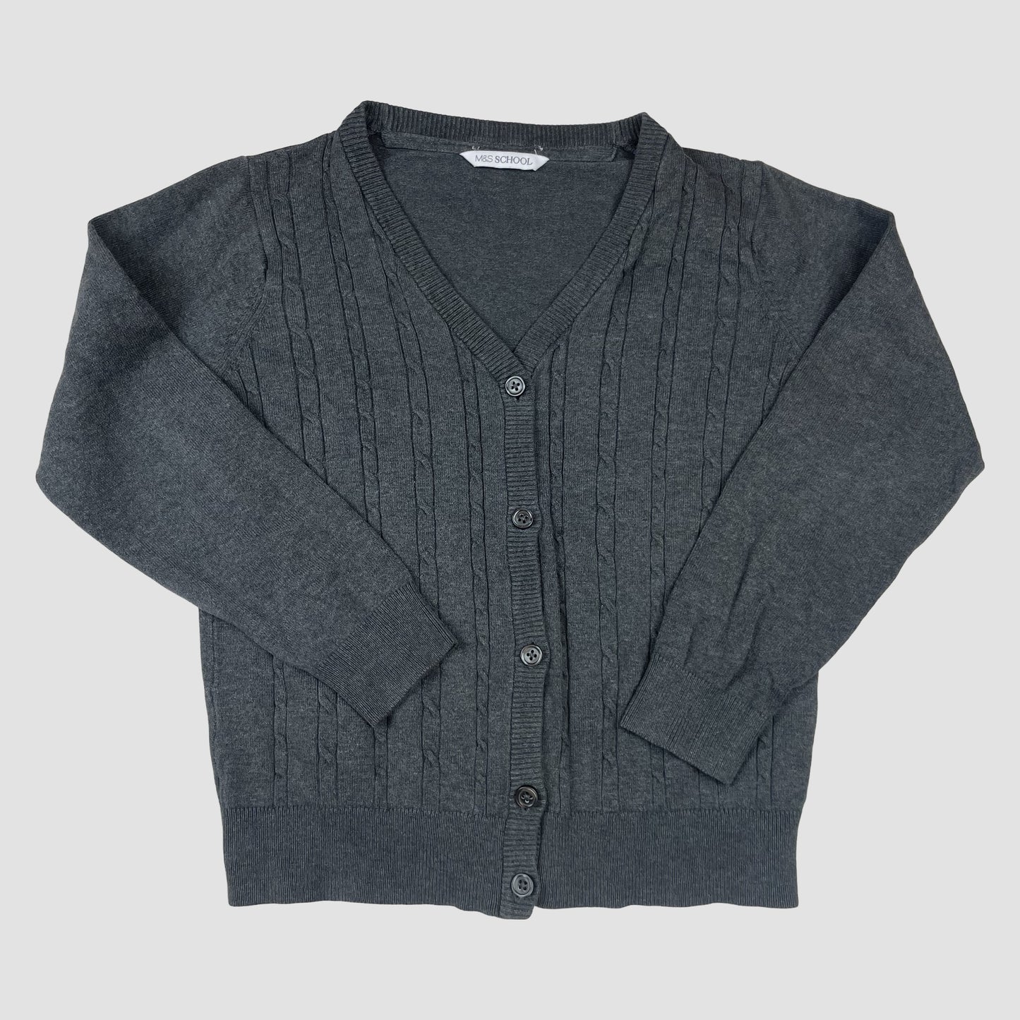 Graue M&S Strickjacke mit V-Ausschnitt, Größe 9–10 Jahre (140) – front