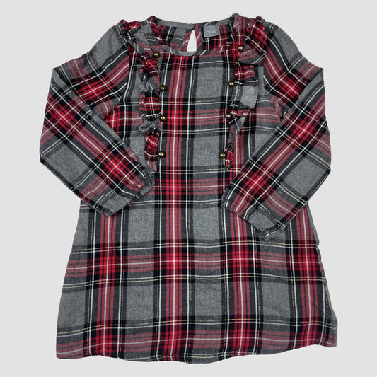 Next kariertes Kleid in Grau und Rot mit Rüschen und Zierknöpfen, lange Ärmel, Größe 104 – front