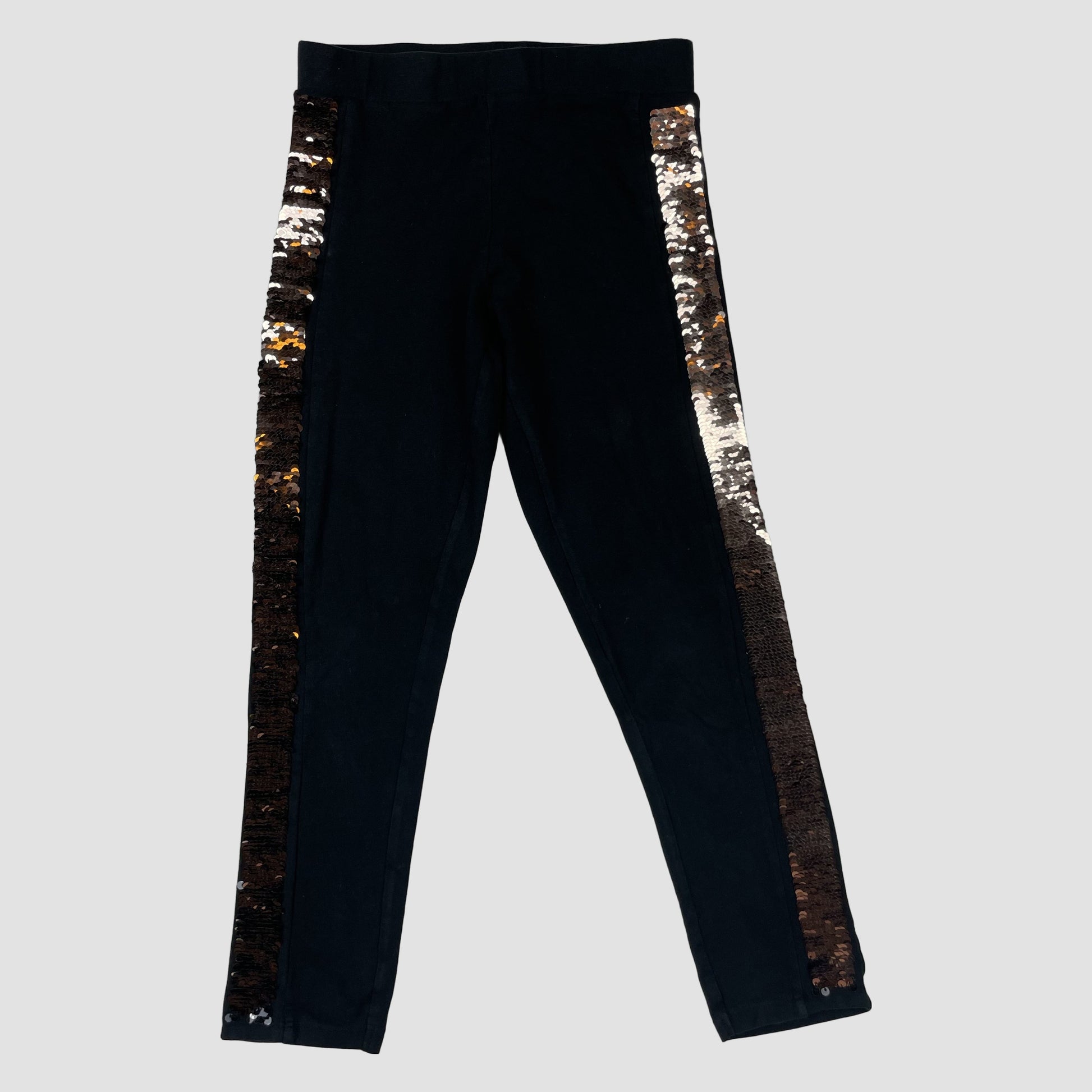 Schwarze Kinder-Leggings mit goldfarbenen Paillettenstreifen an den Seiten – front