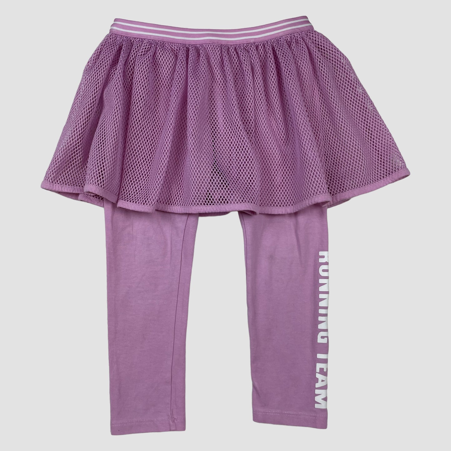 Lila Leggings mit Mesh-Rock von Benetton, Aufdruck RUNNING TEAM, Größe 98 – front