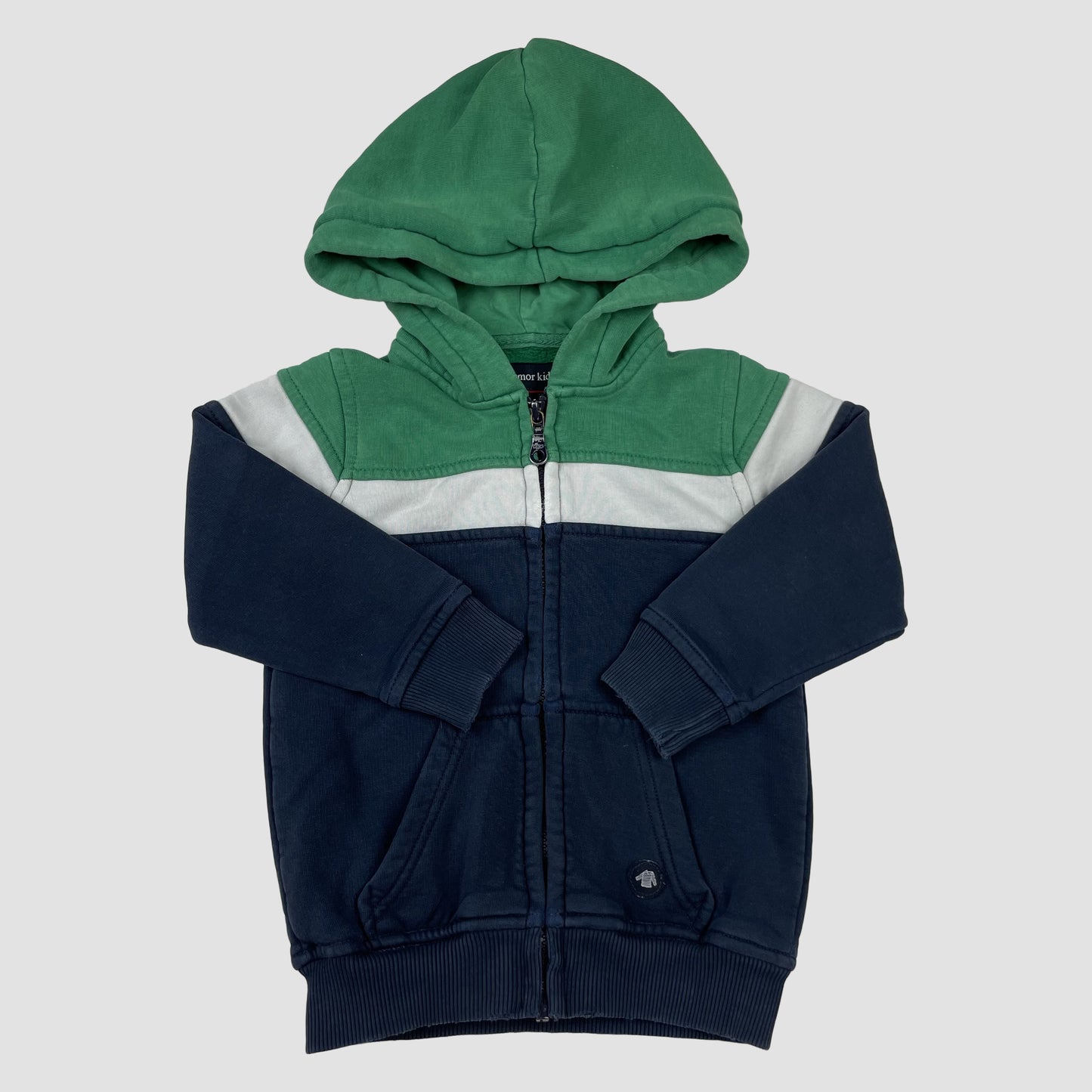 Grün-blaue Kinder-Sweatjacke von Armor kids mit Kapuze und Reißverschluss, Größe 104 – front