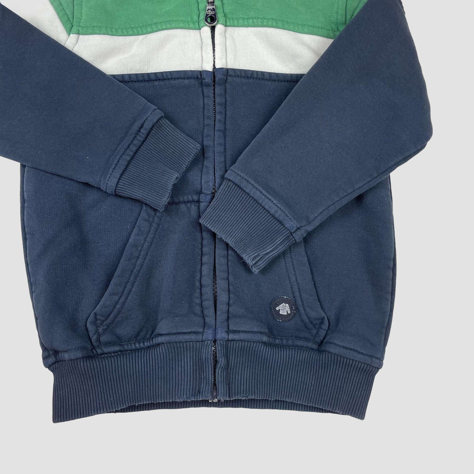Grün-blaue Kinder-Sweatjacke von Armor kids mit Kapuze und Reißverschluss, Größe 104 – detail