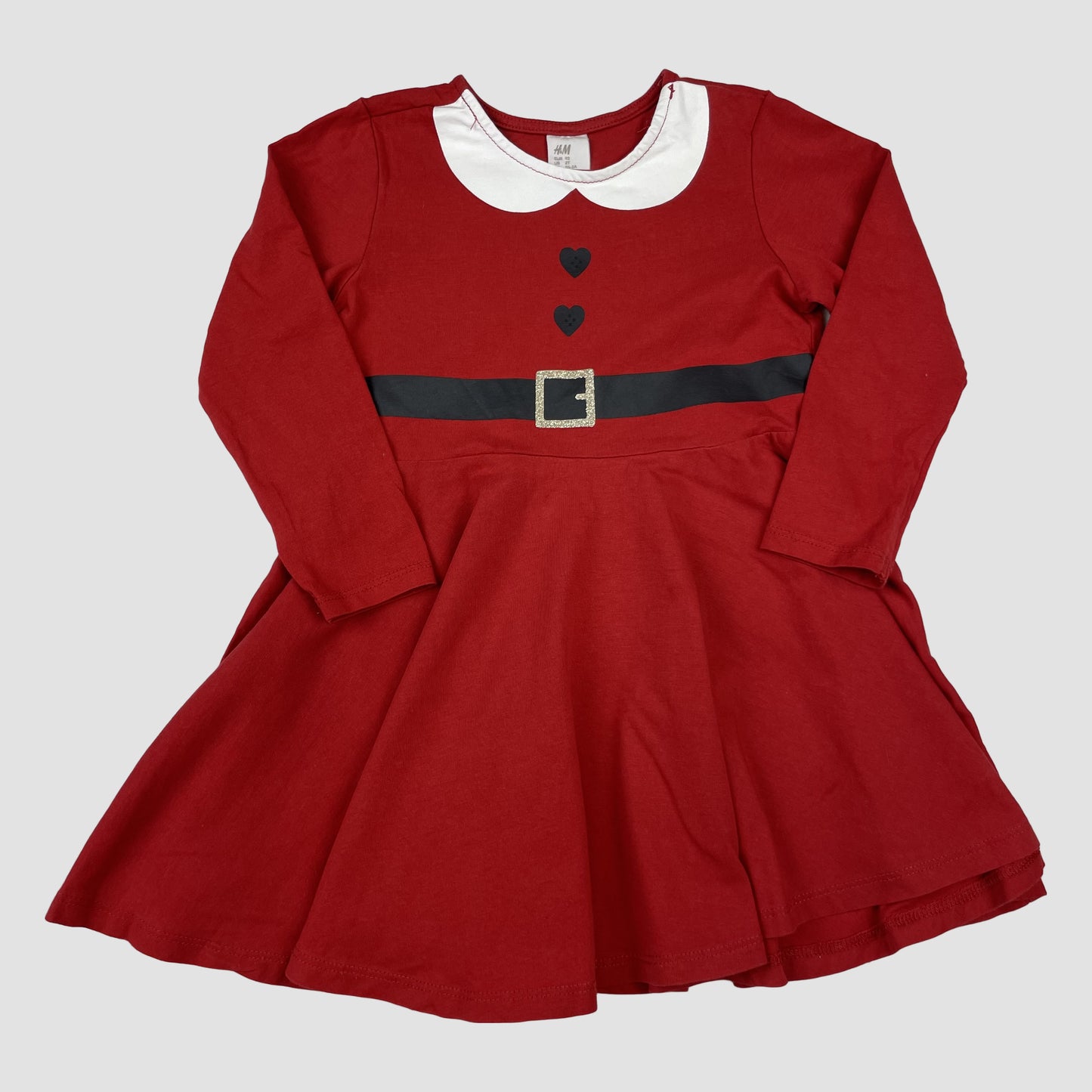 Rotes H&M Kleid mit weißem Bubikragen, Herz-Prints und Gürtelprint, Größe 92 – front