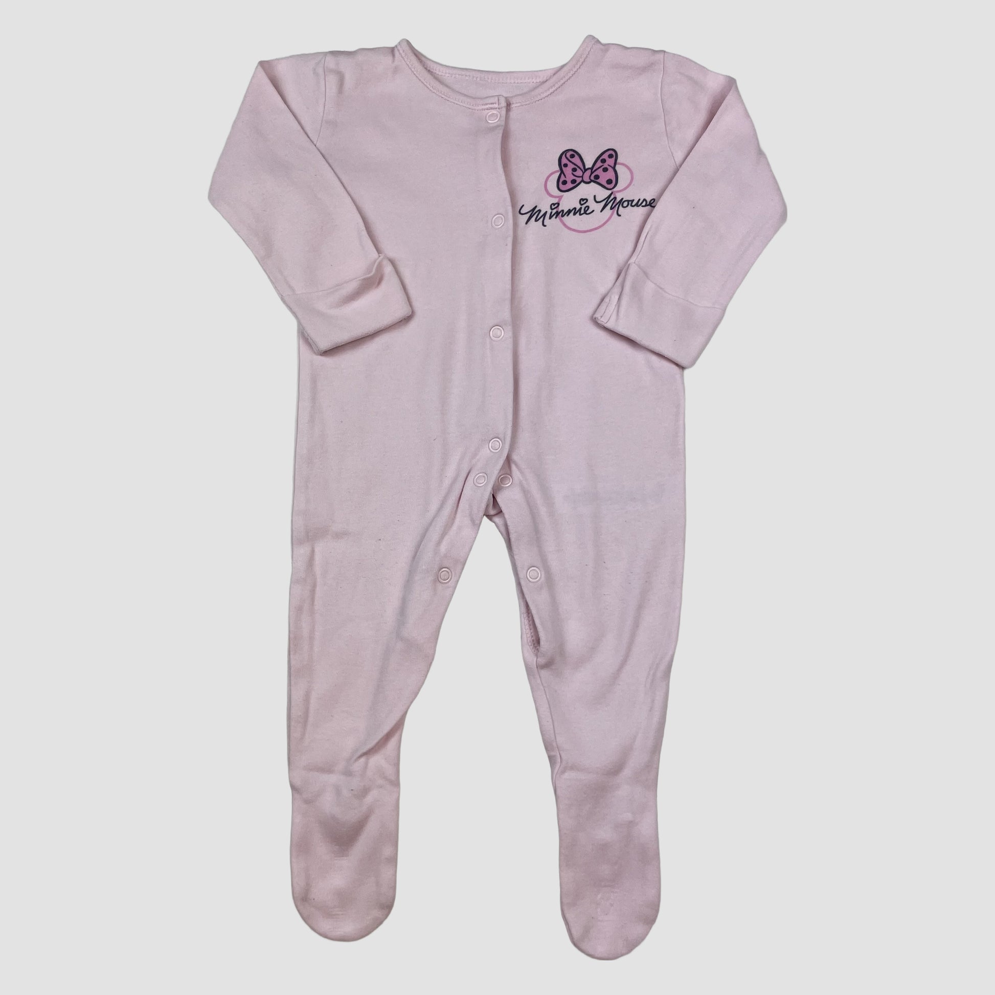 Rosa Minnie Mouse Baby-Schlafanzug mit Füßen und Druckknöpfen vorne, Größe 3–6 Monate – front