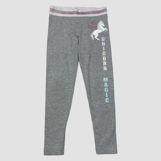 Graue Primark Leggings mit Einhorn-Print und Glitzerbund, Größe 122 – front