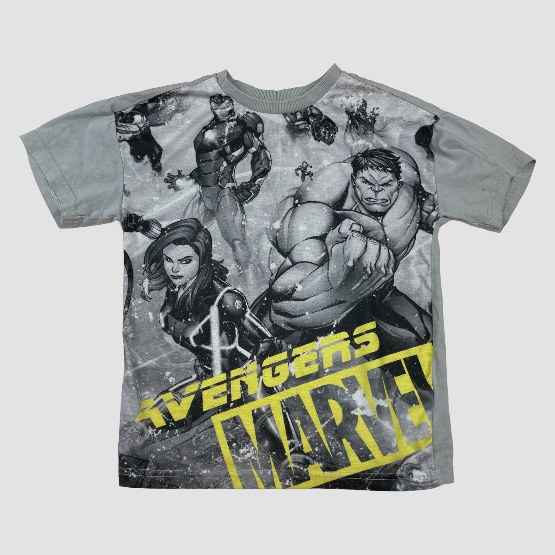 Graues Kinder T-Shirt mit Marvel Avengers Print und gelbem Logo, Kurzarm