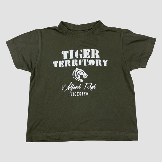 Khakigrünes Leicester Tigers Kinder T-Shirt mit „Tiger Territory“ Print, Größe 5–6 Jahre – front