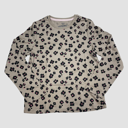 Beiges M&S Originals Langarmshirt mit schwarzem und rosafarbenem Blumenprint, Größe 5–6 Jahre