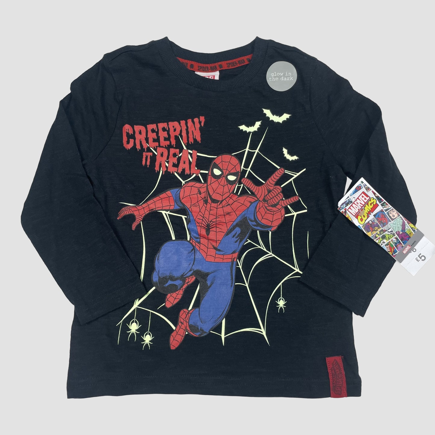 Schwarzes Marvel Spider-Man Langarmshirt mit leuchtendem Print und Rundhalsausschnitt, Größe 18–24 Monate