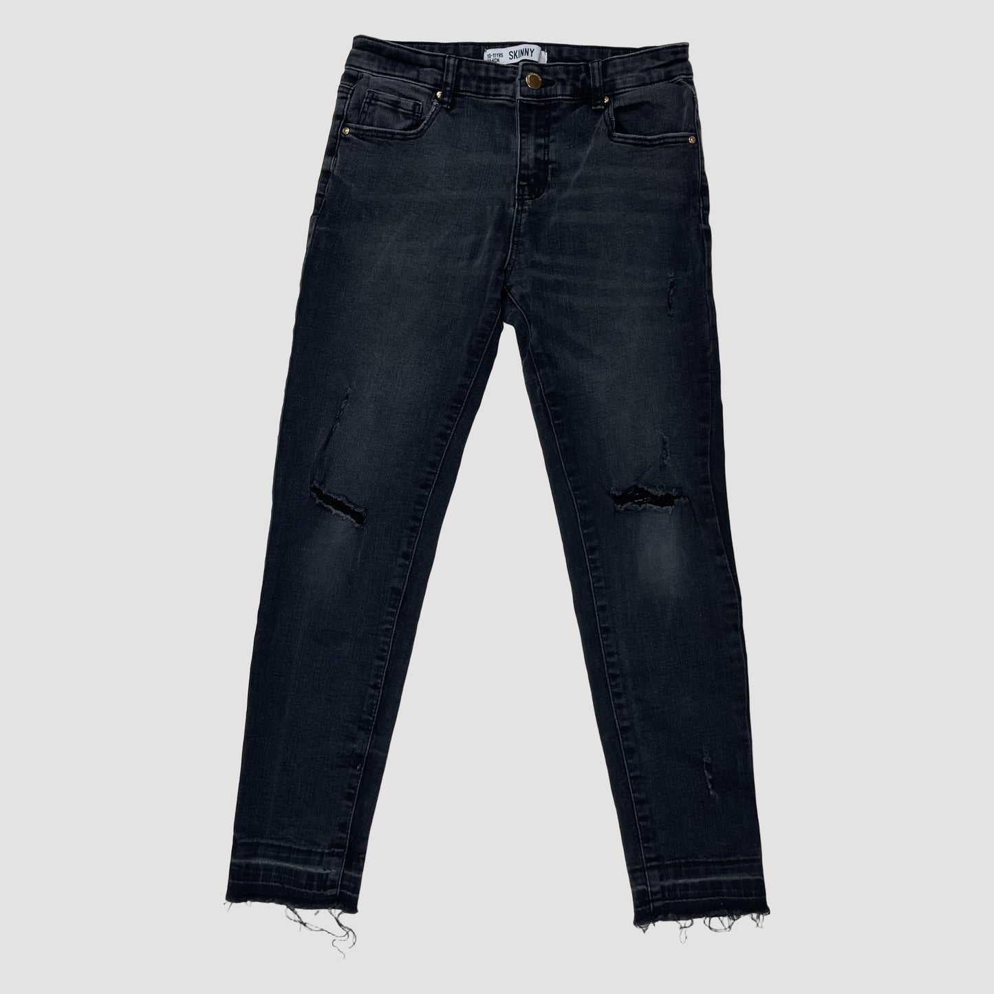 Schwarze Skinny-Jeans für Kinder, Größe 146 (10–11 Jahre), mit Rissen und Fransensaum – front