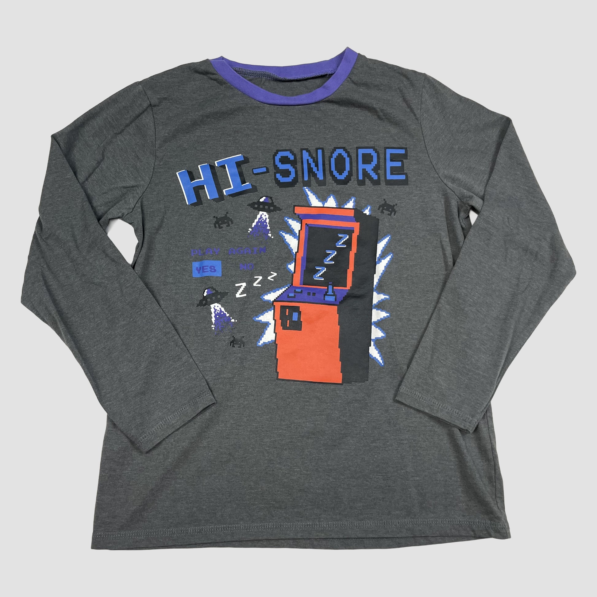 Graues Langarmshirt von George mit HI-SNORE Arcade-Print, Größe 11–12 Jahre (146–152 cm) – front