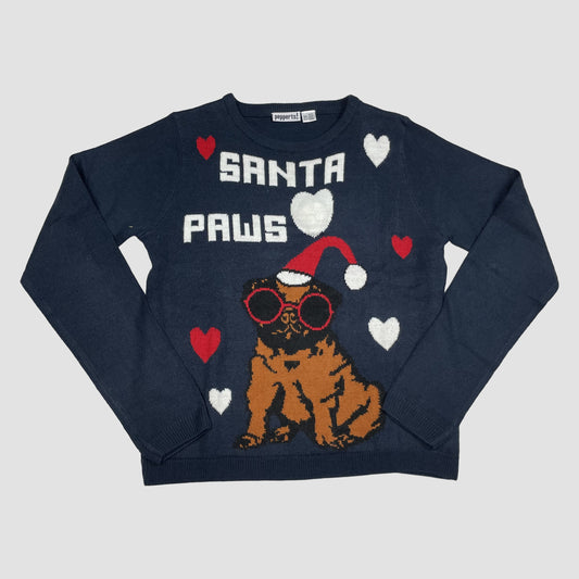 Dunkelblauer Kinder-Pullover von pepperts! mit „SANTA PAWS“-Schriftzug, Hund mit Weihnachtsmütze und Herzen, Größe 146/152. – front