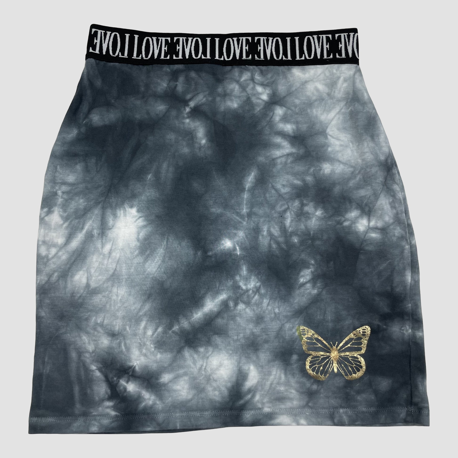 Grauer Batik-Rock von New Look 915 Generation mit elastischem LOVE-Bund und goldener Schmetterling-Stickerei, Größe 12–13 Jahre.