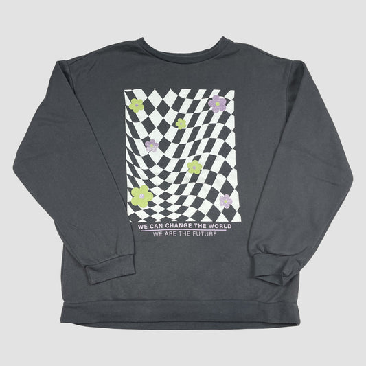 Dunkelgraues Primark Sweatshirt mit Schachbrett-Print und Blumen, Größe 12/13 Jahre – front