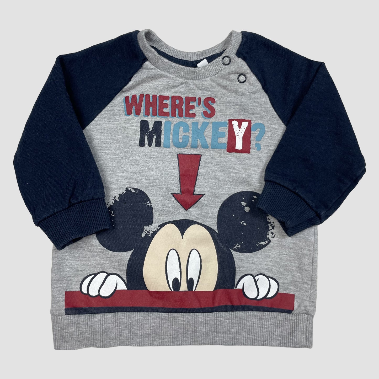 Graues Disney Baby-Sweatshirt mit dunkelblauen Ärmeln und Mickey-Motiv, Größe 6–9 Monate