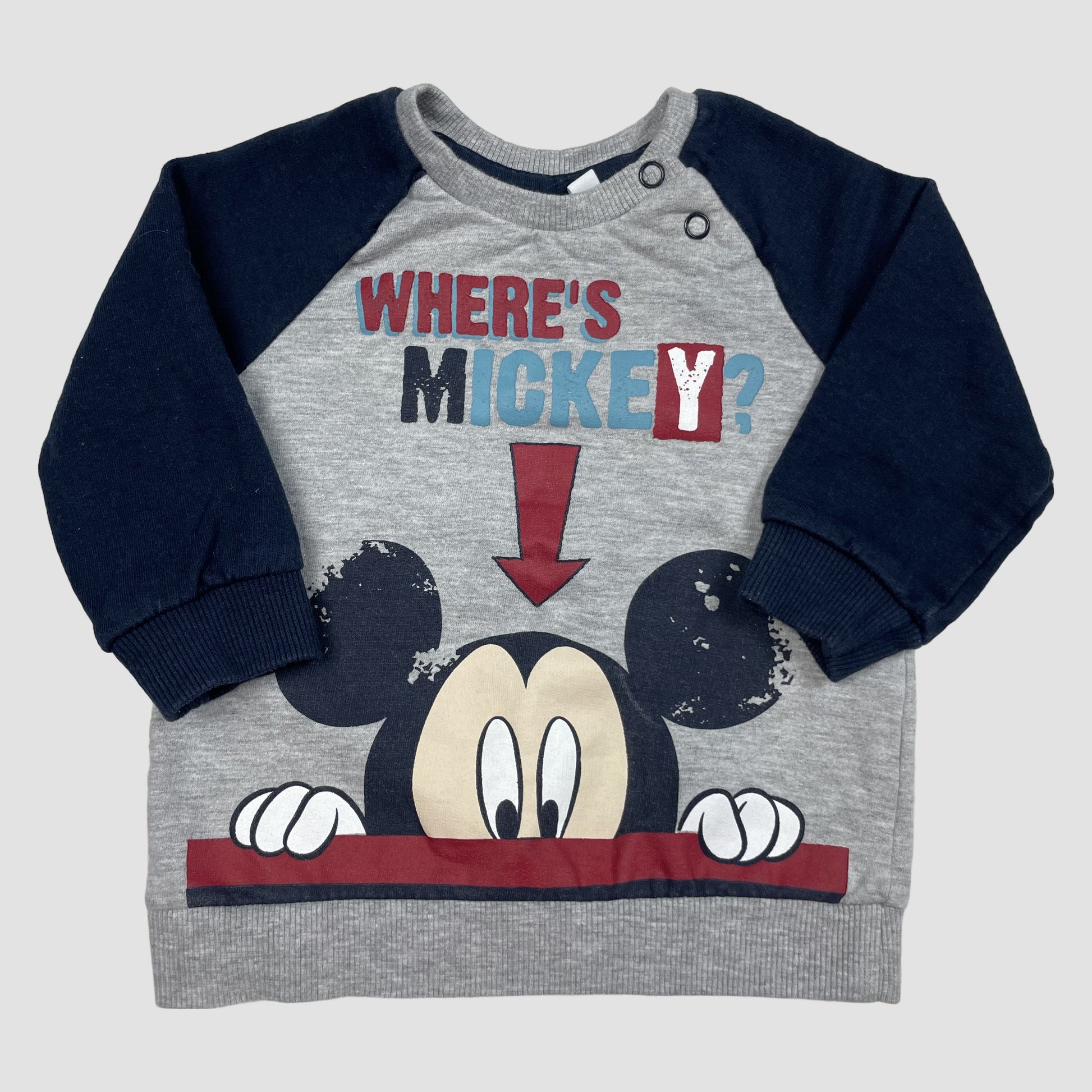 Graues Disney Baby-Sweatshirt mit dunkelblauen Ärmeln und Mickey-Motiv, Größe 6–9 Monate