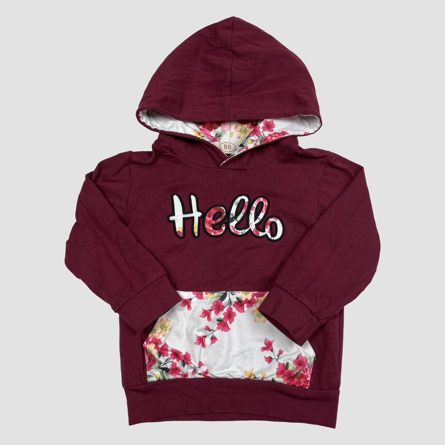 Bordeauxfarbener Kinder-Hoodie mit „Hello“-Schriftzug und Blumenfutter, Größe 80 – front