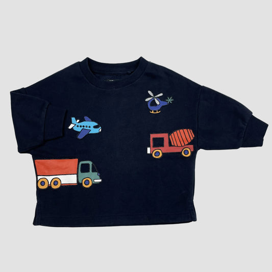 Dunkelblaues Baby-Sweatshirt von Next mit Fahrzeug-Applikationen, Größe 6–9 Monate