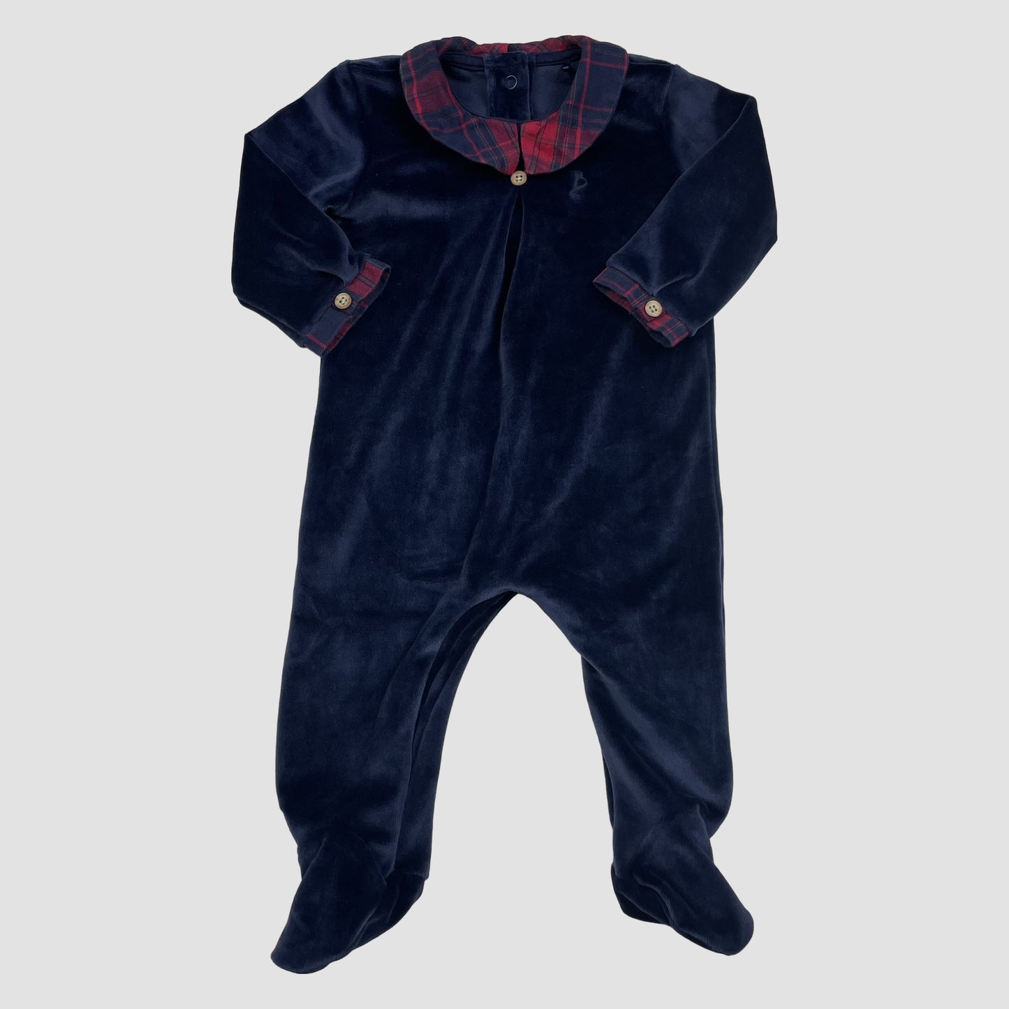 Dunkelblauer Samt-Strampler mit kariertem Kragen und Füßen von George, 3–6 Monate – front