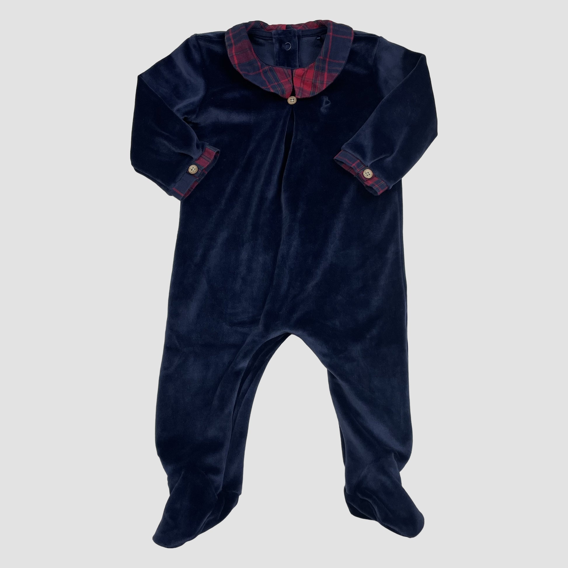 Dunkelblauer Samt-Strampler mit kariertem Kragen und Füßen von George, 3–6 Monate – front