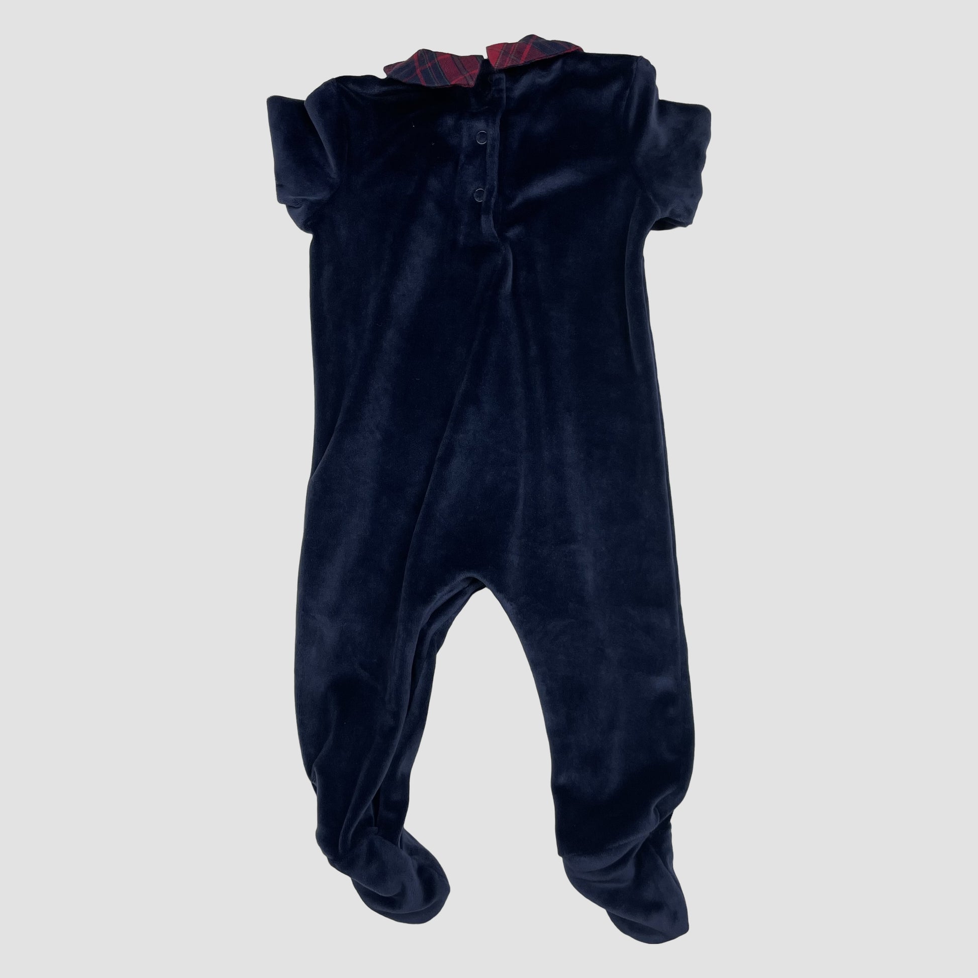 Dunkelblauer Samt-Strampler mit kariertem Kragen und Füßen von George, 3–6 Monate – back