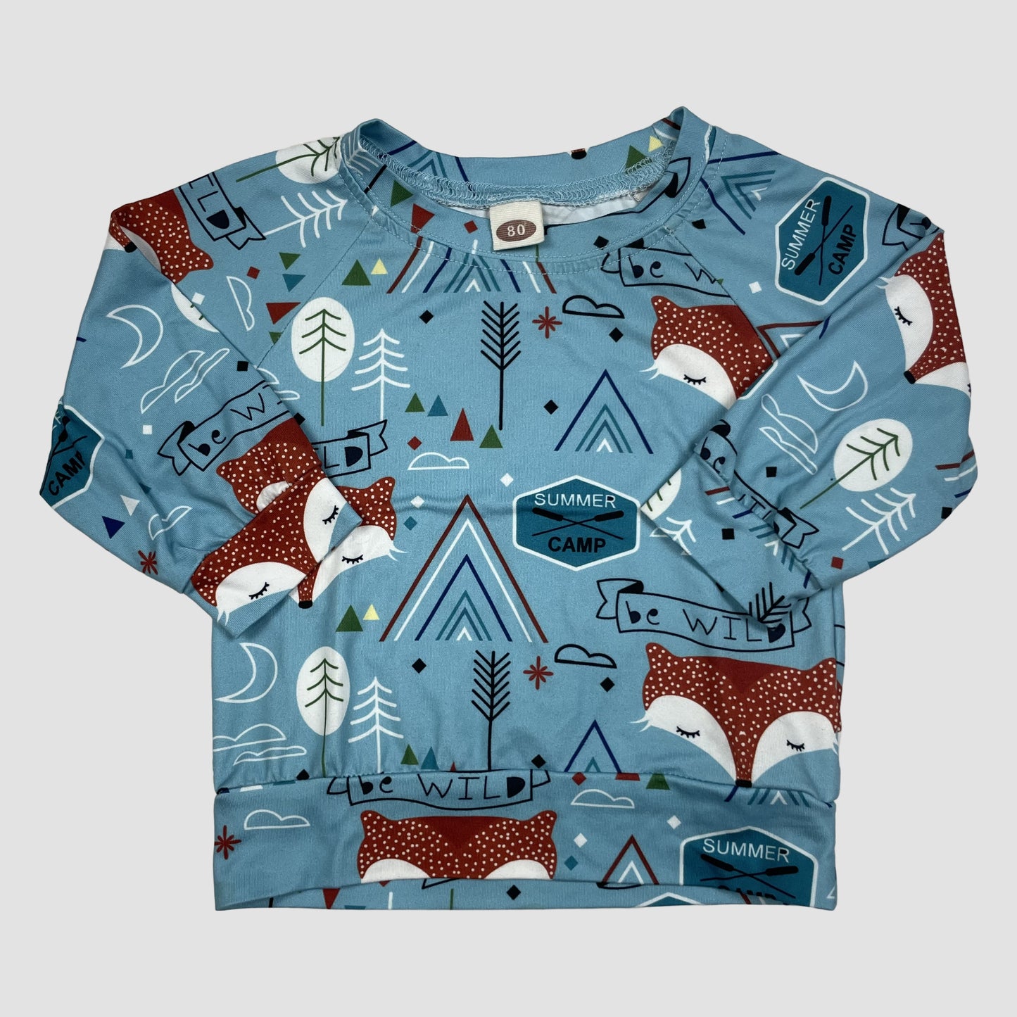 Hellblauer Pullover mit Fuchs- und Waldmotiv, Größe 80