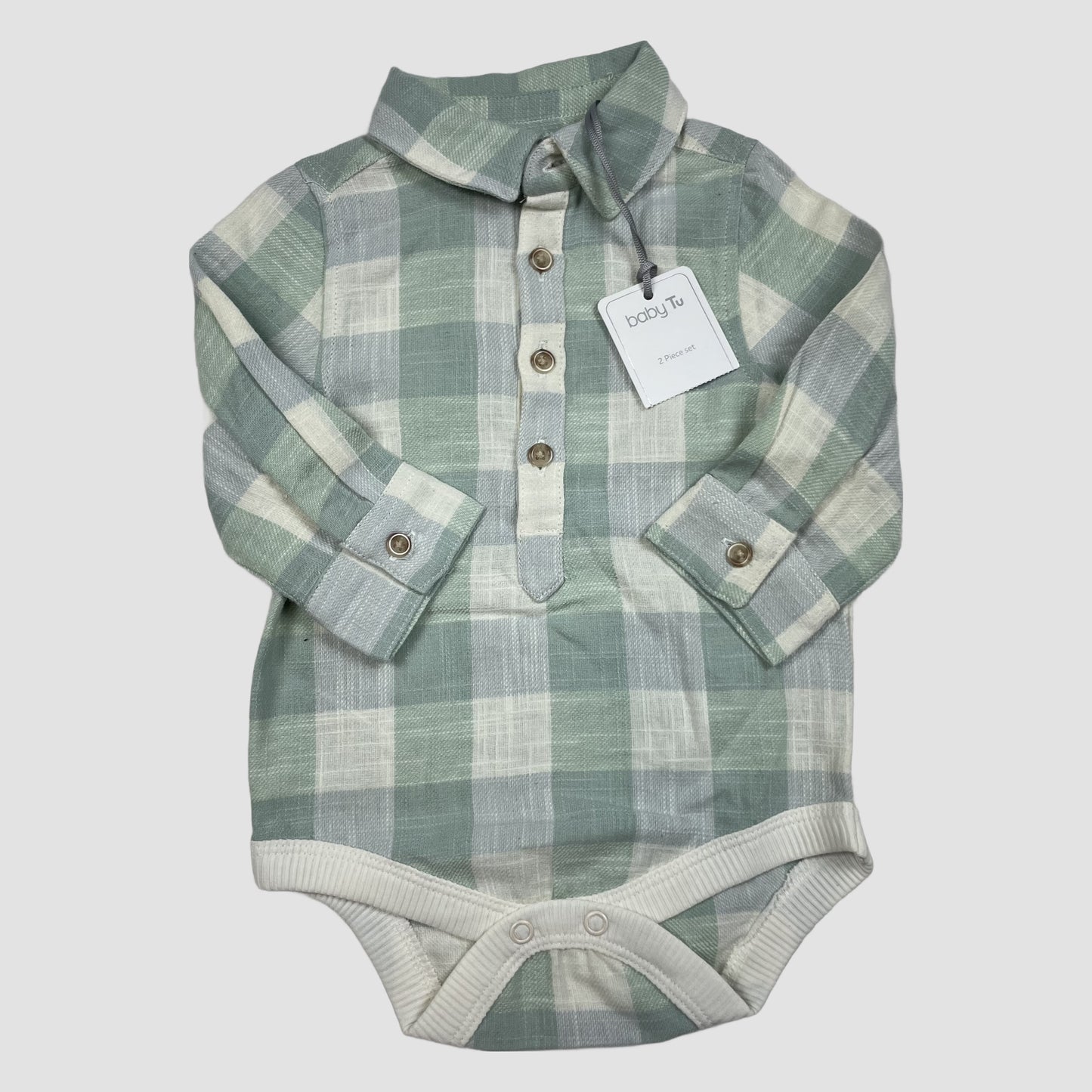 Langarm-Body von Tu, grün-weiß kariert mit Kragen, Größe 3–6 Monate