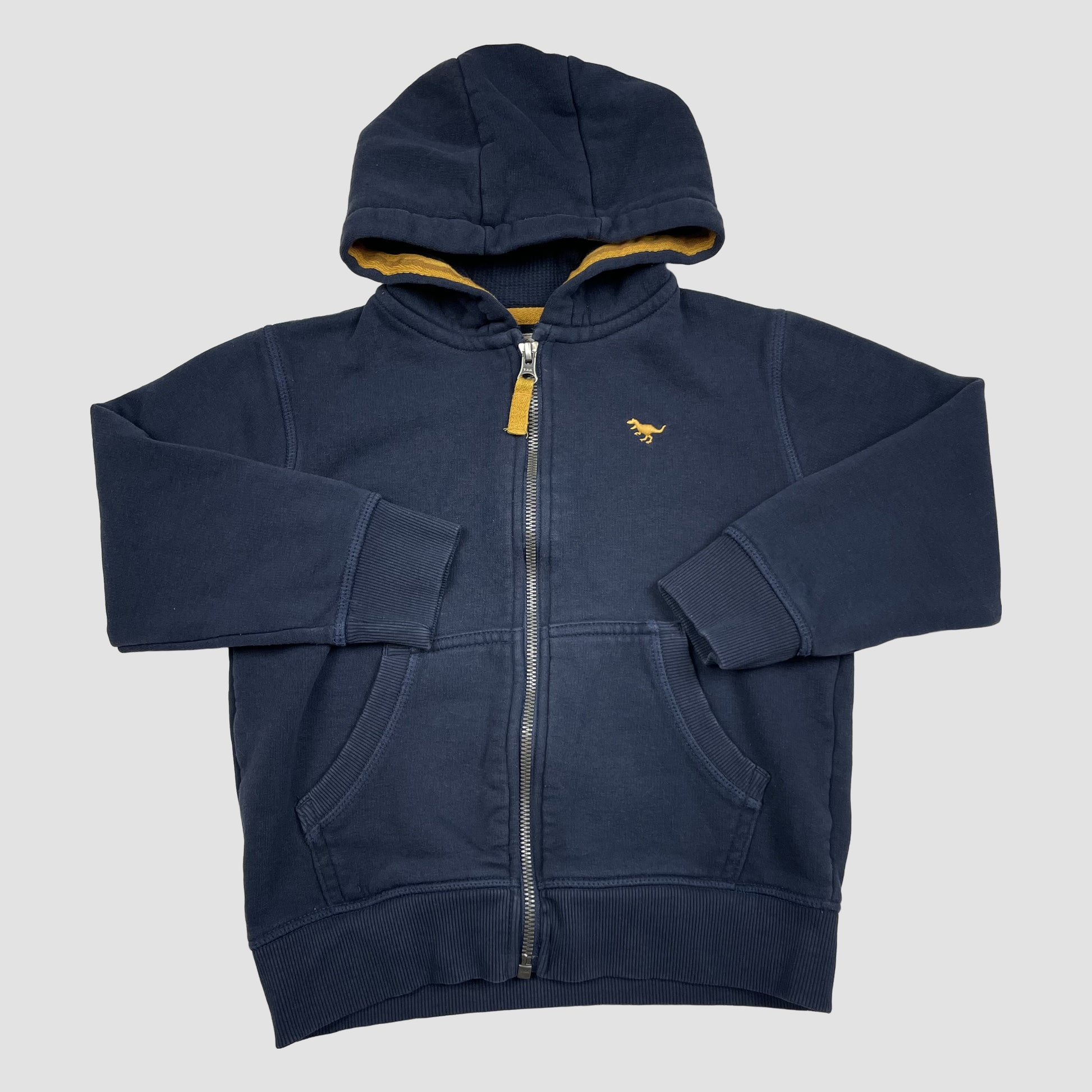 Dunkelblaue Kapuzen-Sweatjacke von Next mit Reißverschluss und kleiner Dino-Stickerei, Größe 110 (4-5 Jahre)