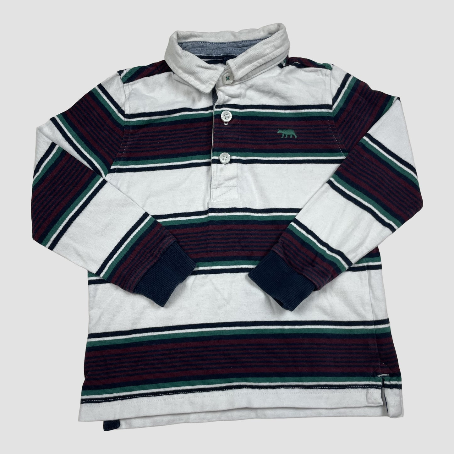 Gestreiftes Langarm-Poloshirt von M&S in Weiß mit Grün und Blau, Größe 104 – front