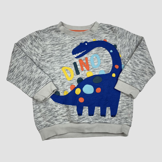Graues F&F Sweatshirt mit großem blauem Dino-Print und bunten Punkten, Größe 3–4 Jahre – front