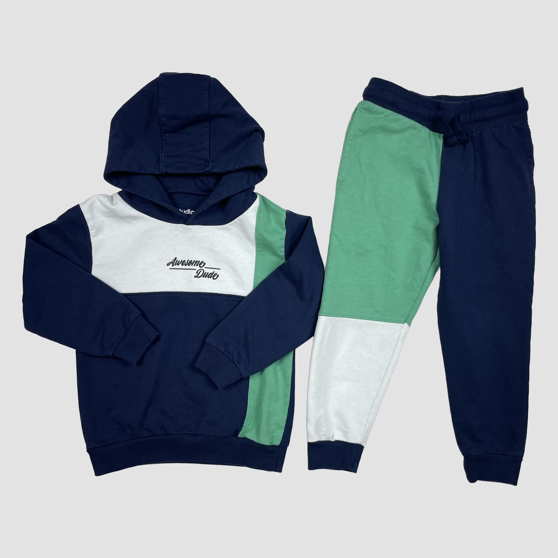 Kinder-Jogginganzug mit Kapuzenpullover und Jogginghose in Blau/Grün/Weiß, Größe 3–4 Jahre, Colorblocking und Stickerei 