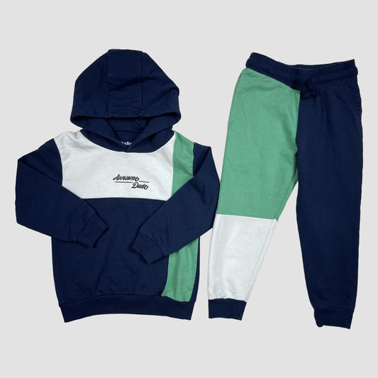Kinder-Jogginganzug mit Kapuzenpullover und Jogginghose in Blau/Grün/Weiß, Größe 3–4 Jahre, Colorblocking und Stickerei 