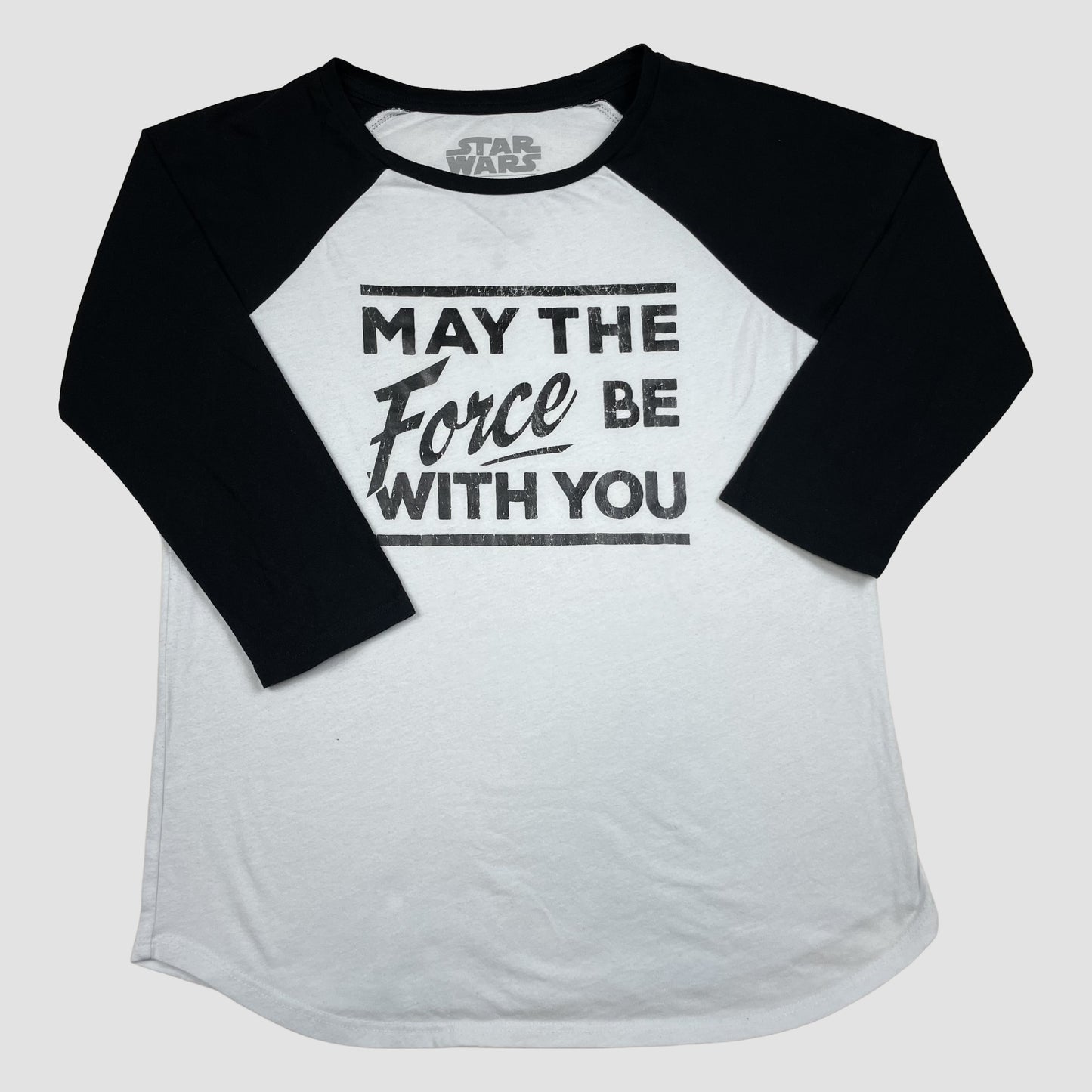 Schwarz-weißes Star Wars Raglan-T-Shirt mit Aufdruck „May the Force Be With You“ und 3/4-Raglanärmeln – front