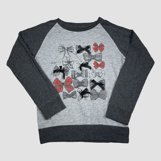 Grauer Cherokee-Pullover aus Sweat mit Schleifen-Print und 3D-Zierschleifen, Größe 9–10 Jahre. – front