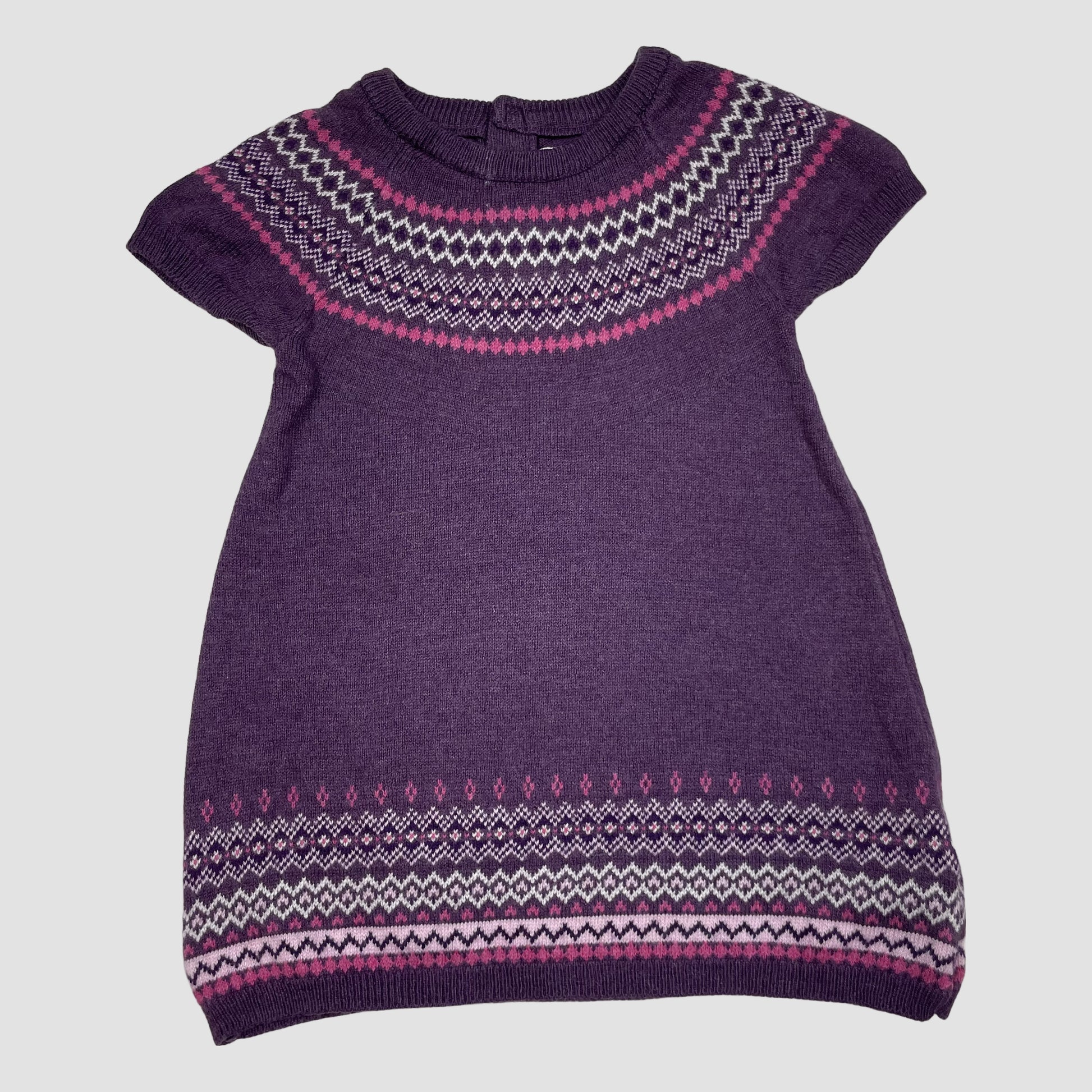 Lila Baby-Strickkleid mit Norwegermuster in Rosa und Weiß von H&M L.O.G.G., Größe 62 – front