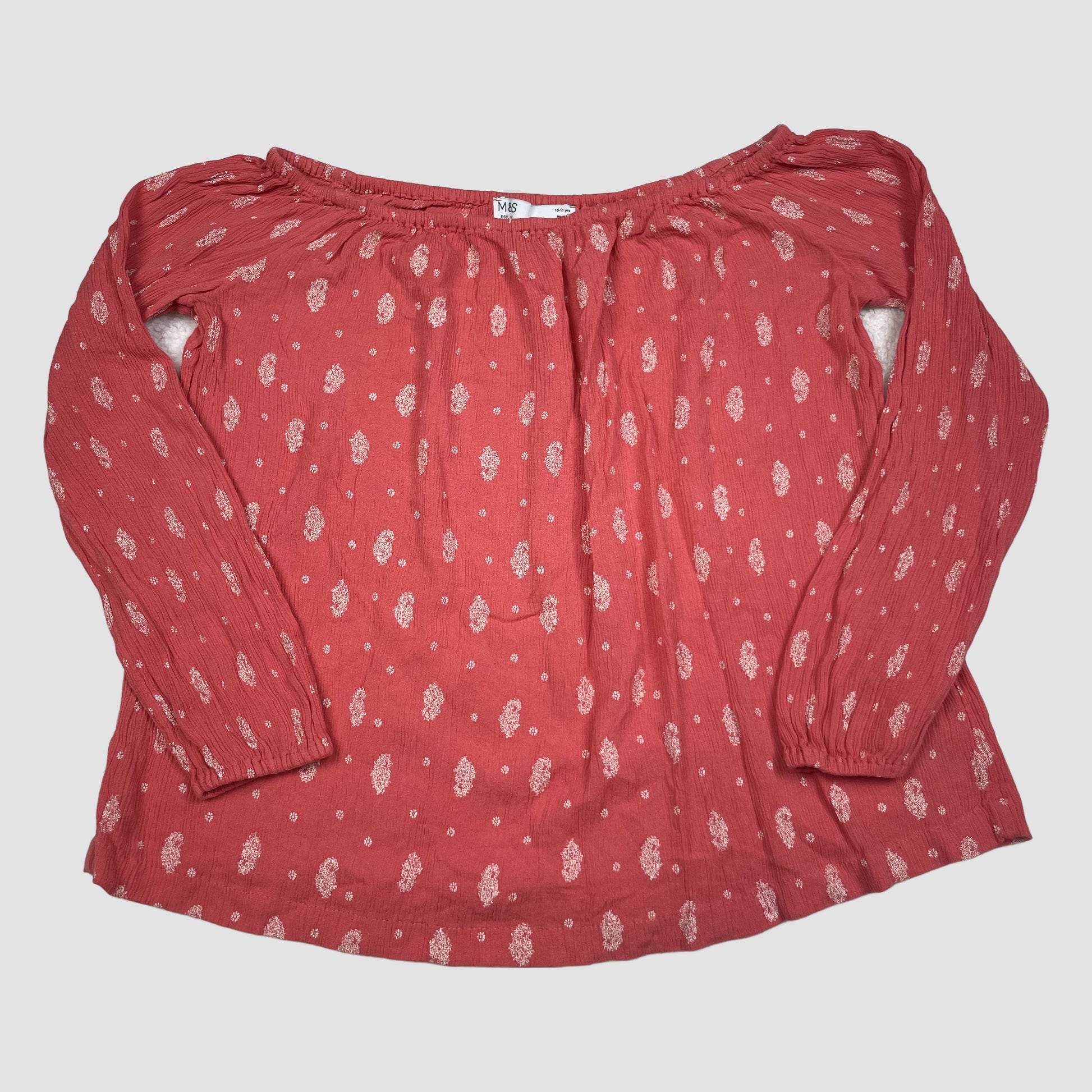 Rote M&S Kinderbluse mit Blumenmuster und langen Ärmeln – front